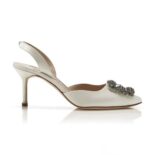 Manolo Blahnik Women Cream Satin Jewel Buckle Slingback Pumps