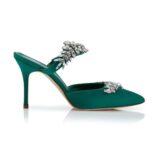 Manolo Blahnik Women Green Satin Crystal Embellished Mules