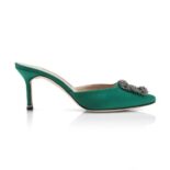 Manolo Blahnik Women Green Satin Jewel Buckle Mules