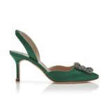 Manolo Blahnik Women Green Satin Jewel Buckle Slingback Pumps