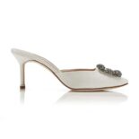 Manolo Blahnik Women Off-White Satin Jewel Buckle Mules