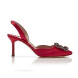 Manolo Blahnik Women Red Satin Jewel Buckle Slingback Pumps