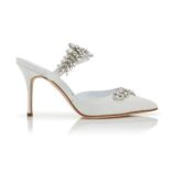 Manolo Blahnik Women White Satin Crystal Embellished Mules