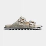 Roger Vivier Women Slidy Viv Strass Buckle Mules in Fabrics-Silver