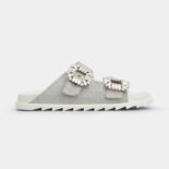 Roger Vivier Women Slidy Viv Strass Buckle Sandals in Fabric-Gray