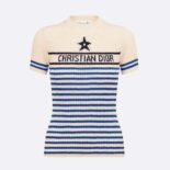 Dior Women Dioriviera Los Angeles Short-Sleeved Sweater Ecru and Bright Blue Cotton Knit with Signature