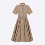 Dior Women Mid-Length Belted Pleated Dress Beige Technical Cotton Gabardine