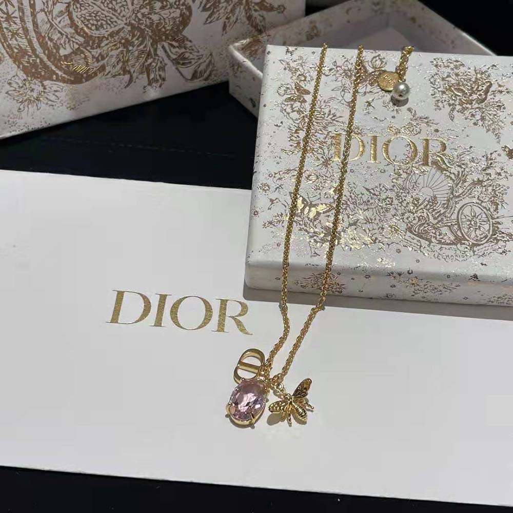 Dior Women Petit CD Necklace Gold-Finish Metal with White Resin Pearl and  Amber-Colored Crystal