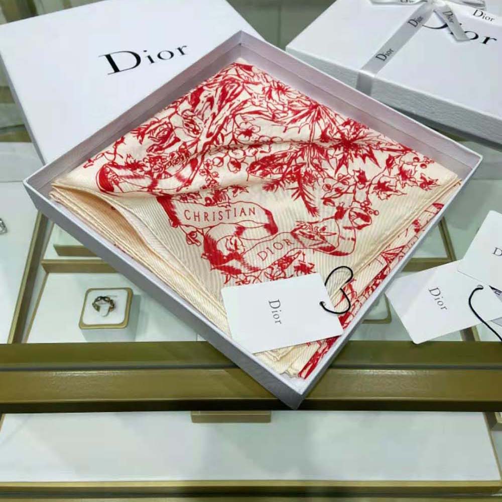 D-Floral Mitzah Scarf Ivory and Red Silk Twill