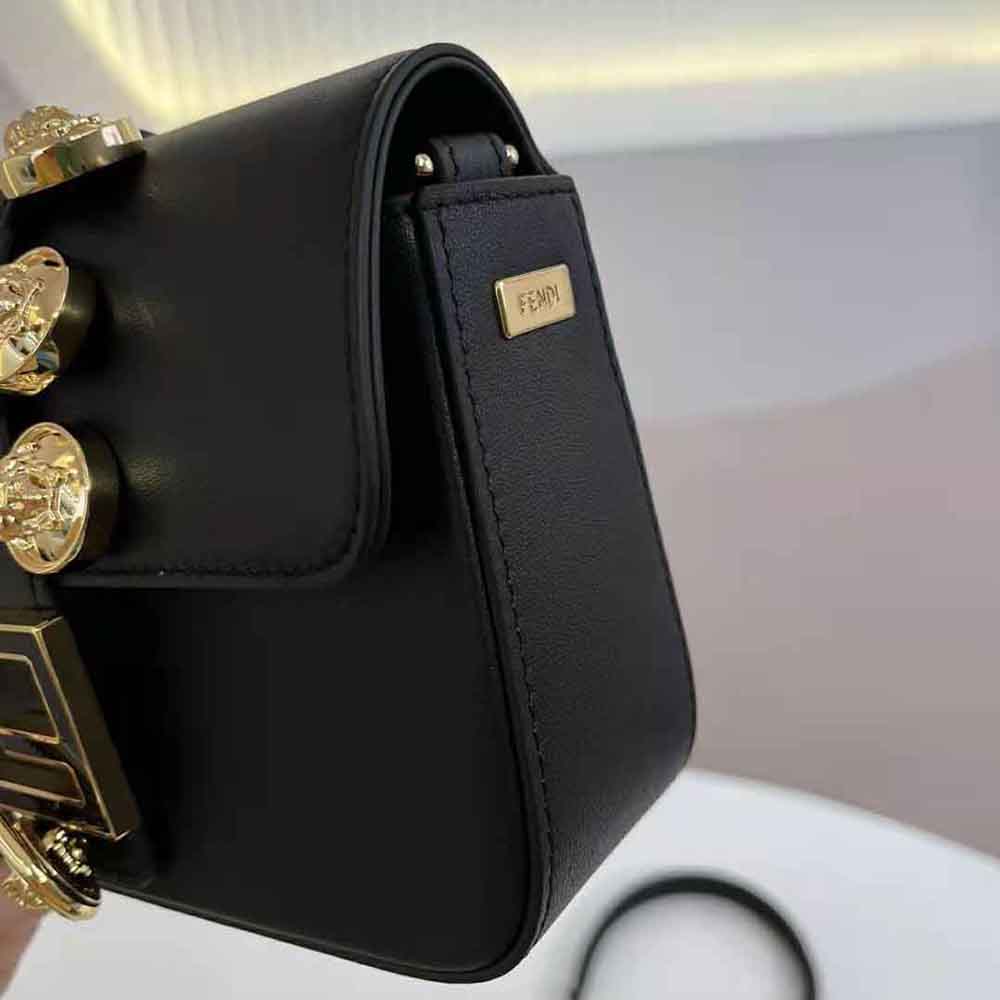 Fendi Fendace Brooch Mini Baguette Black in Leather with Gold-tone