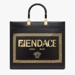 Fendi Women Sunshine Medium Fendace Printed Black Leather Logo Shopper