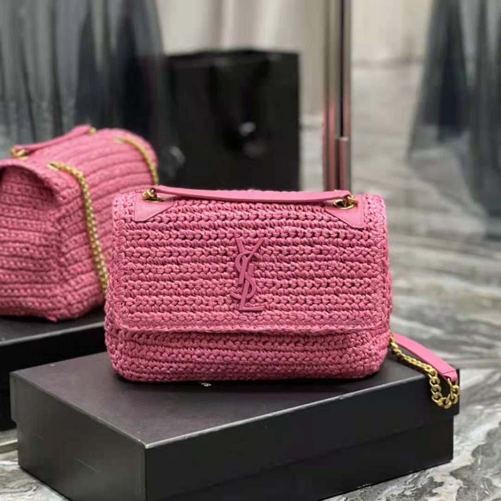 Saint Laurent Medium Niki Raffia Chain Bag in Bright Pink