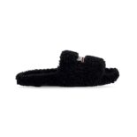 Balenciaga Women Furry Slide Sandal in Black Fake Shearling White Political Campaign Embroideries