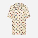 Dior Women Chez Moi Short-Sleeved Shirt Ecru Silk Twill with Multicolor Dior Pixel Zodiac Motif