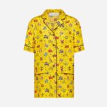 Dior Women Chez Moi Short-Sleeved Shirt Yellow Silk Twill with Multicolor Dior Pixel Zodiac Motif