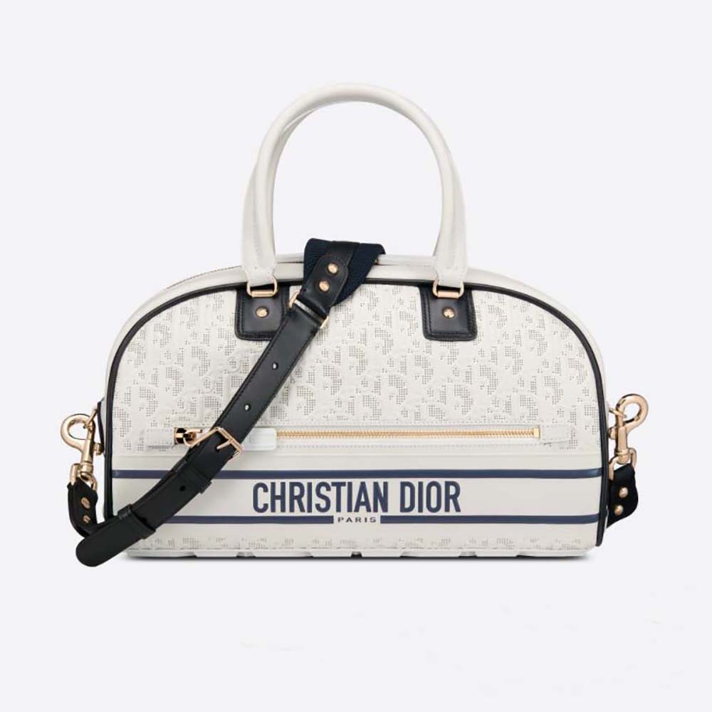 Dior Women Medium Dior Vibe Zip Bowling Bag White and Blue Dior Oblique Perforated and Embossed Calfskin