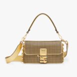 Fendi Women Baguette Brooch Fendace Bag in Gold Perforated Leather