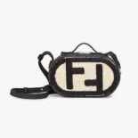 Fendi Women O Lock Mini Camera Case Beige and Black Straw Mini Bag