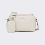 Prada Women Leather Shoulder Bag with Metal Lettering Logo-White