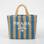 Prada Women Small Raffia Tote Bag with Embroidered Lettering Logo on the Front-Blue