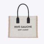 Saint Laurent YSL Women Rive Gauche Small Tote Bag in Linen and Leather-Beige