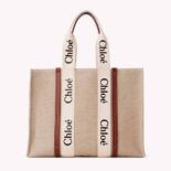Chloe Women Large Woody Tote Bag in Linen Canvas and Shiny Calfskin with Woody Ribbon