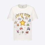 Dior Women Lucky Dior T-shirt Ecru Cotton and Linen Jersey with Multicolor Dior Pixel Zodiac Motif