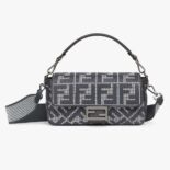 Fendi Women Baguette Gray Houndstooth Wool Bag with FF Embroidery