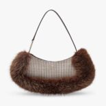 Fendi Women O’Lock Swing Brown Houndstooth Wool and Fox Fur Pouch