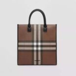 Burberry Men Exaggerated Check and Leather Slim Tote-Brown
