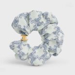 Celine Women Scrunchy Celine Triomphe Toile De Jouy Bracelet in Brass with Gold Finish and White and Navy Silk