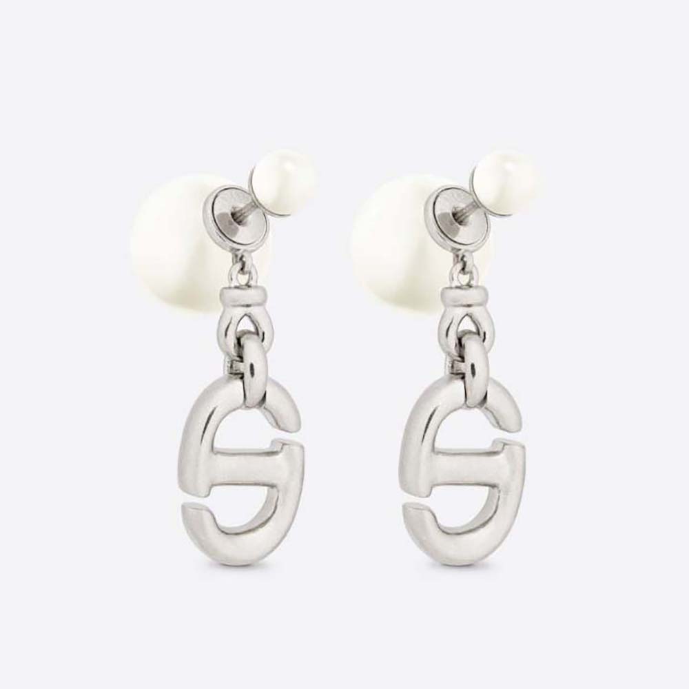 Dior Women Tribales Earrings Gold Finish Metal White Resin Pearls And White Crystals 6130