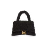 Balenciaga Women Furry Hourglass Small Handbag with Strap in Black