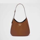 Prada Women Large Leather Shoulder Bag with Topstitching-Brown