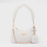 Prada Women Shearling Mini-Bag with the Enameled Metal Triangle Logo-White