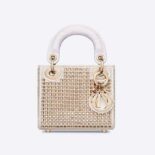 Dior Women Mini Lady Dior Bag Square Embroidery Set with White Multicolor Strass