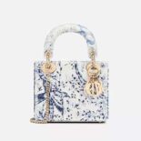 Dior Women Mini Lady Dior Bag White Calfskin with Blue-Tone Printed and Bead-Embroidered Dior Jardin D'Hiver Motif