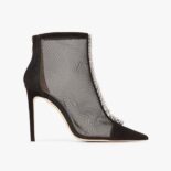 Jimmy Choo Women Bing Boot 100 Black Suede and Mesh Ankle Boots with Crystal Embellishment