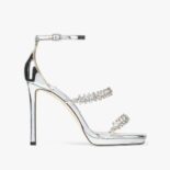 Jimmy Choo Women Bing Sandal 105 Silver Liquid Metal Sandals with Crystal Straps