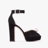 Jimmy Choo Women Socorie 120 Black Suede Platform Sandals with Pearl Detailing