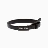 Miu Miu Women Brushed Leather Belt with Enameled Metal Buckle-Black