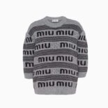 Miu Miu Women Cashmere Crew-Neck Sweater with Intarsia Knit Logo-Gray