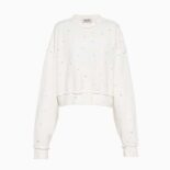 Miu Miu Women Cotton Embroidered Sweatshirt with Crystals-White