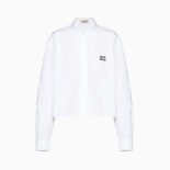 Miu Miu Women Cropped Poplin Shirt with Embroidered Logo-White