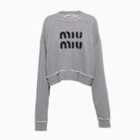 Miu Miu Women Embroidered Cotton Fleece Sweatshirt with Embroidered Logo-Silver