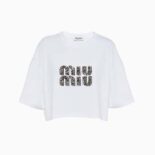 Miu Miu Women Embroidered Cotton T-shirt with Embroidered Logo-White