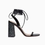 Miu Miu Women Patent Leather and Glitter Sandals in 100mm Heel Height-Black