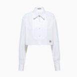 Miu Miu Women Poplin Shirt with Yarn-Embroidered Logo-White