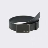 Prada Men Saffiano Leather Belt with Metal Lettering Logo-Black