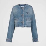 Prada Women Denim Blouson Jacket with Enameled Metal Triangle Logo